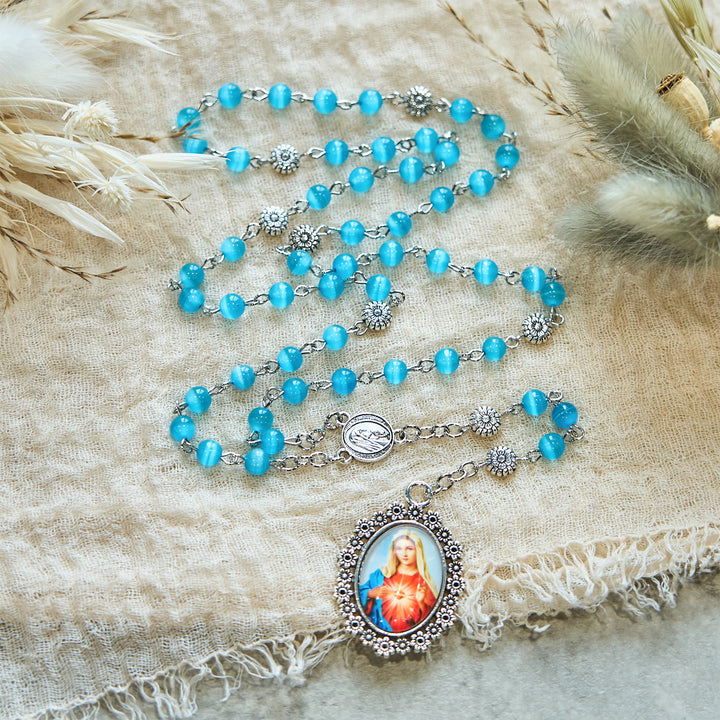 Christianartworkshop Immaculate Heart of Mary 6mm Glass Shiny Beads Lake Blue 7 Sorrows Rosary - image 9