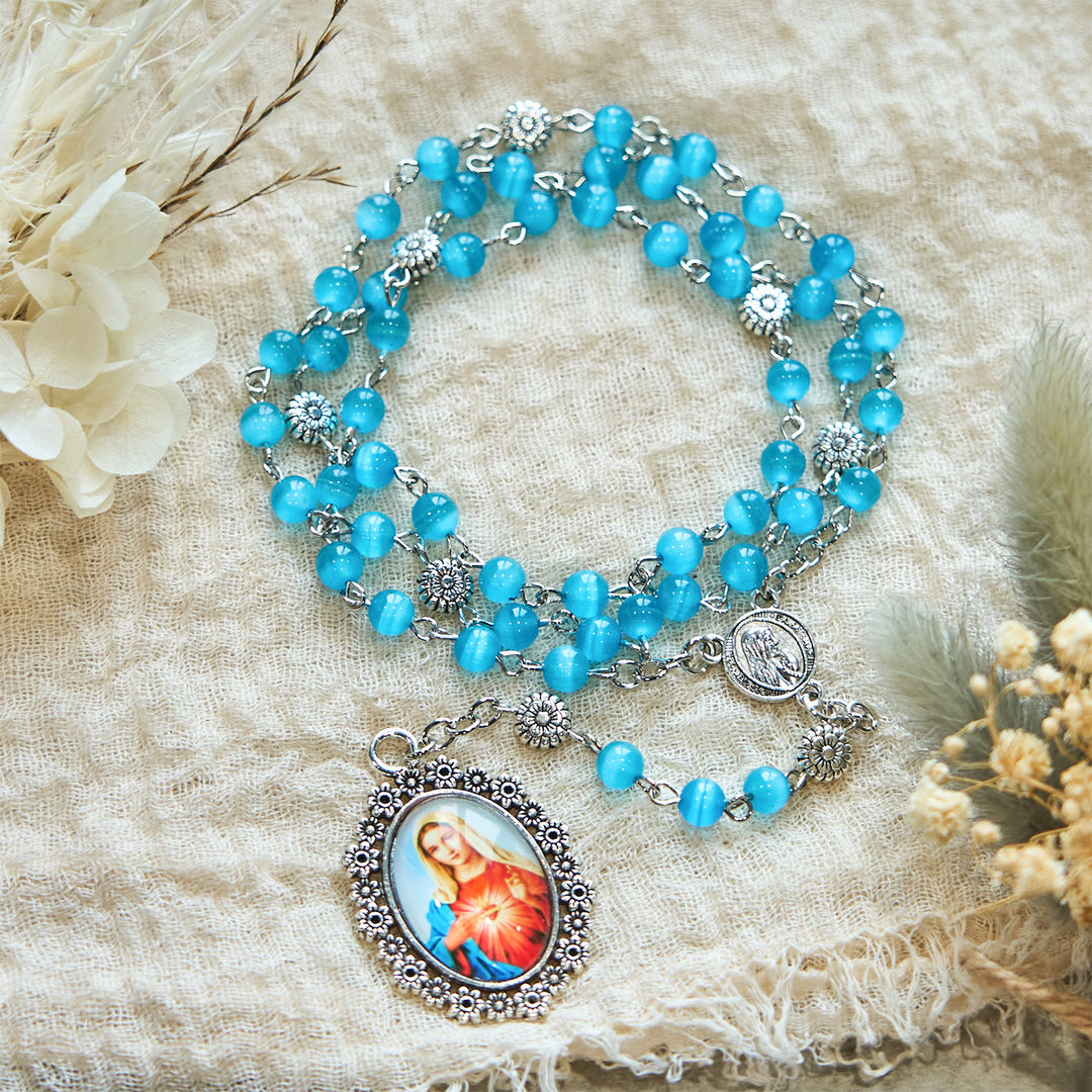 Christianartworkshop Immaculate Heart of Mary 6mm Glass Shiny Beads Lake Blue 7 Sorrows Rosary - image 8