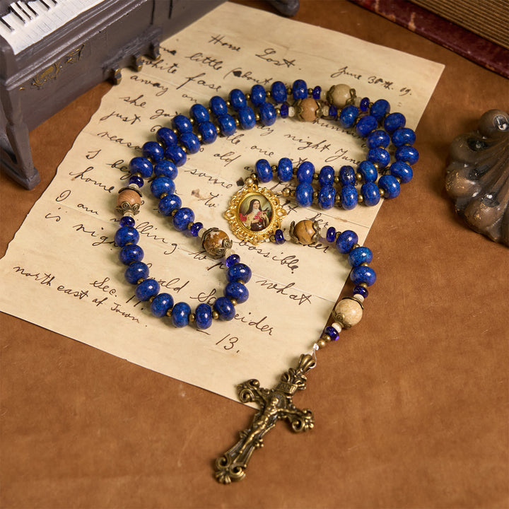 Christianartworkshop Handmade St. Therese of Lisieux Medal & Crucifix 8*10mm Oblate Lapis Lazuli & Map Stone Rosary - Lapis Lazuli Abacus Beads - image 0