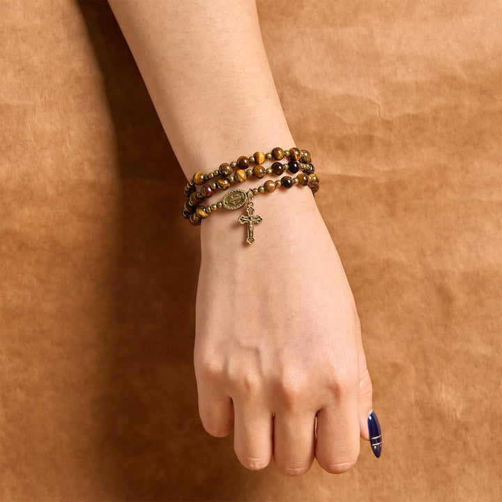 Christianartworkshop PRAYERFUL FAITH: Handmade Tiger's Eye Stone Elastic Rosary Bracelet - image 4