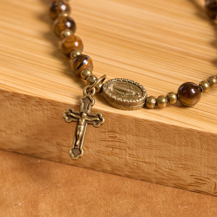 Christianartworkshop PRAYERFUL FAITH: Handmade Tiger's Eye Stone Elastic Rosary Bracelet - image 7