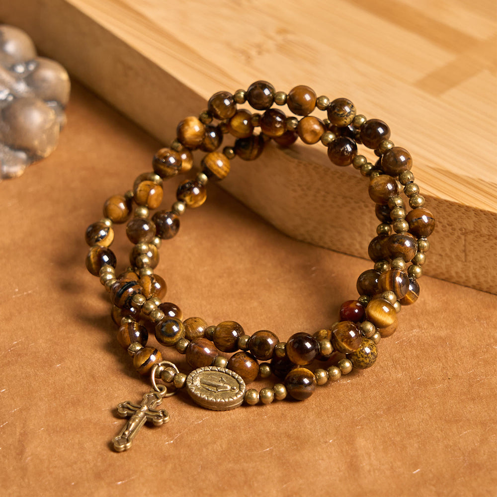 Christianartworkshop PRAYERFUL FAITH: Handmade Tiger's Eye Stone Elastic Rosary Bracelet - image 2