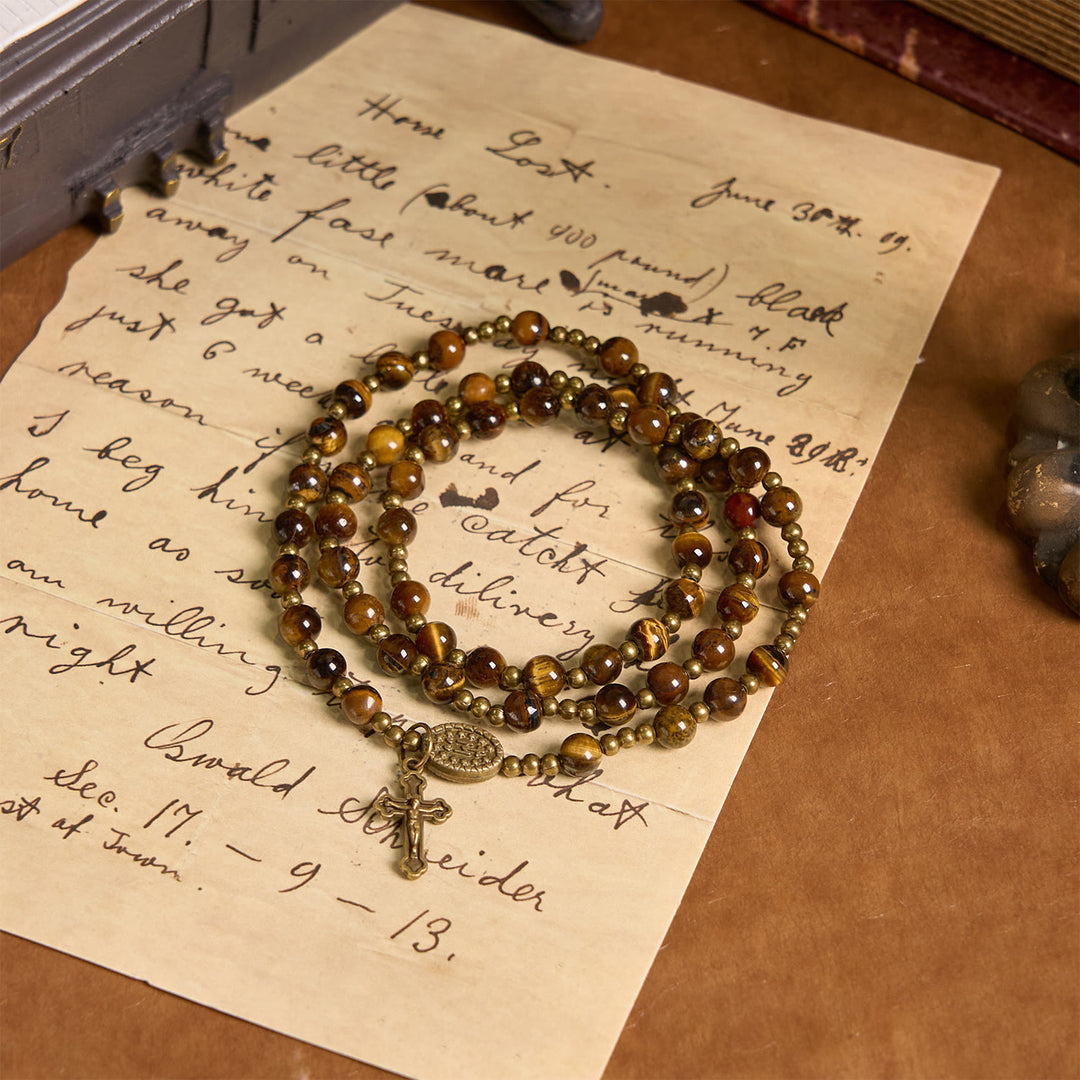 Christianartworkshop PRAYERFUL FAITH: Handmade Tiger's Eye Stone Elastic Rosary Bracelet - image 3