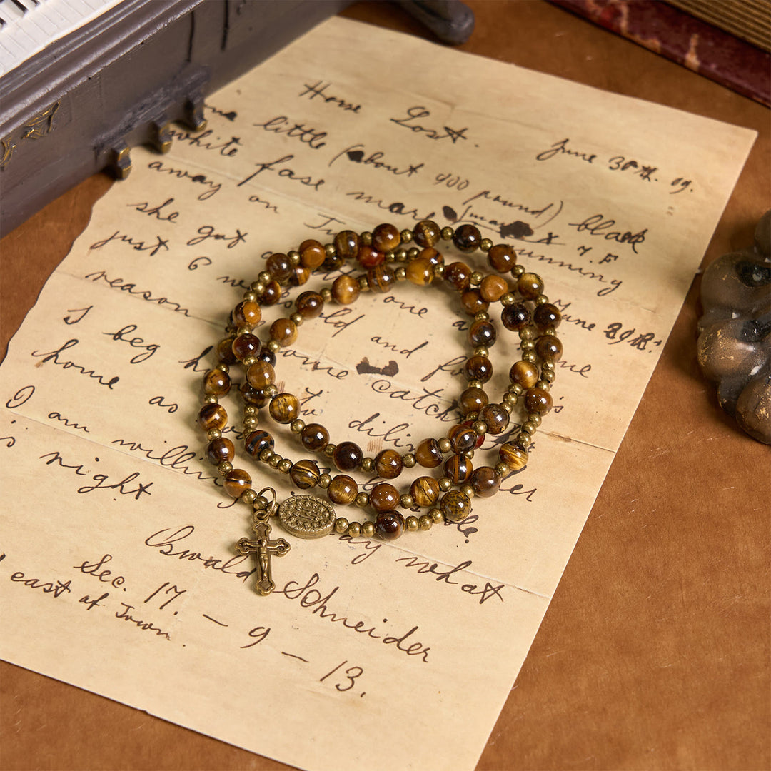 Christianartworkshop PRAYERFUL FAITH: Handmade Tiger's Eye Stone Elastic Rosary Bracelet - image 9