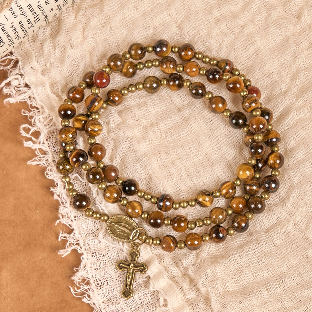 Christianartworkshop PRAYERFUL FAITH: Handmade Tiger's Eye Stone Elastic Rosary Bracelet - image 8