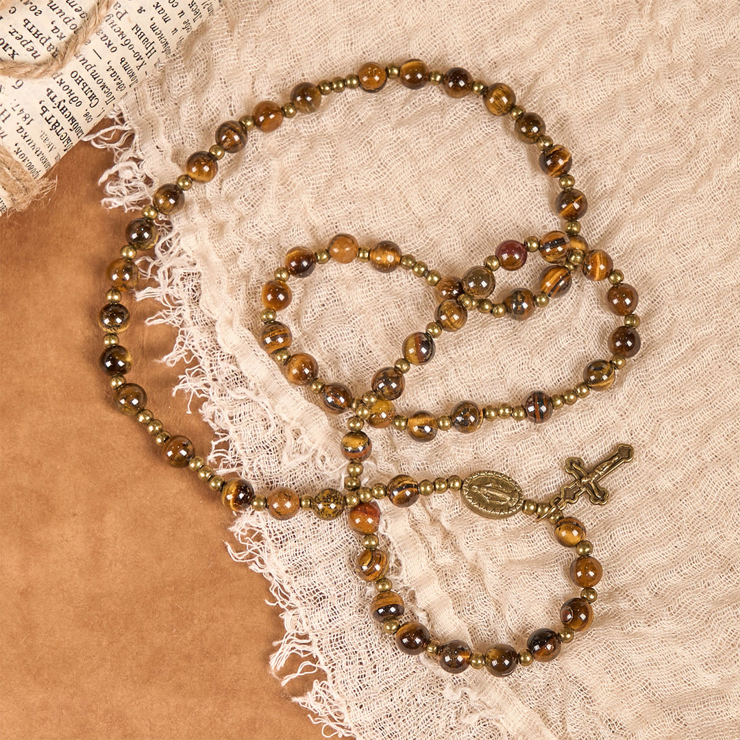 Christianartworkshop PRAYERFUL FAITH: Handmade Tiger's Eye Stone Elastic Rosary Bracelet - image 5