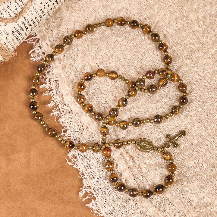 Christianartworkshop PRAYERFUL FAITH: Handmade Tiger's Eye Stone Elastic Rosary Bracelet - image 5