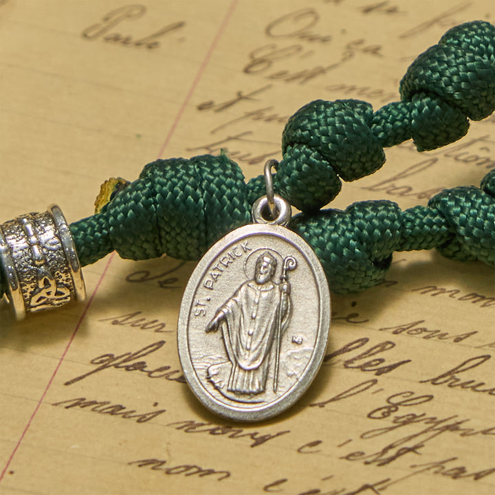 Christianartworkshop St. Patrick Medal Dark Green Celtic Style Cross Handmade Inspired Paracord Knotted Rosary - image 3