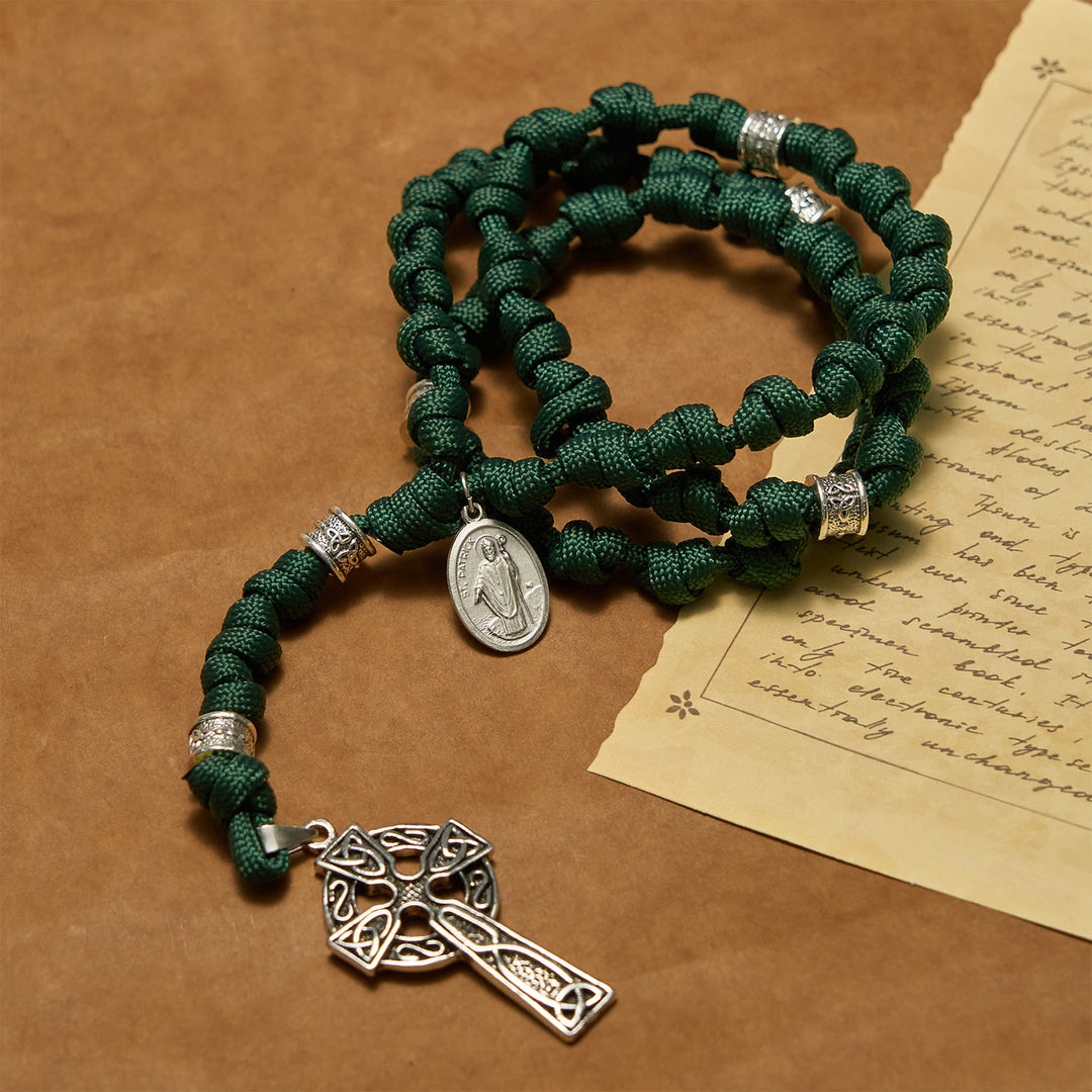 Christianartworkshop St. Patrick Medal Dark Green Celtic Style Cross Handmade Inspired Paracord Knotted Rosary - image 6