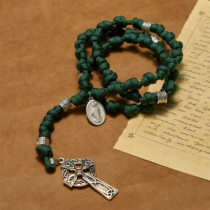 Christianartworkshop St. Patrick Medal Dark Green Celtic Style Cross Handmade Inspired Paracord Knotted Rosary - image 6