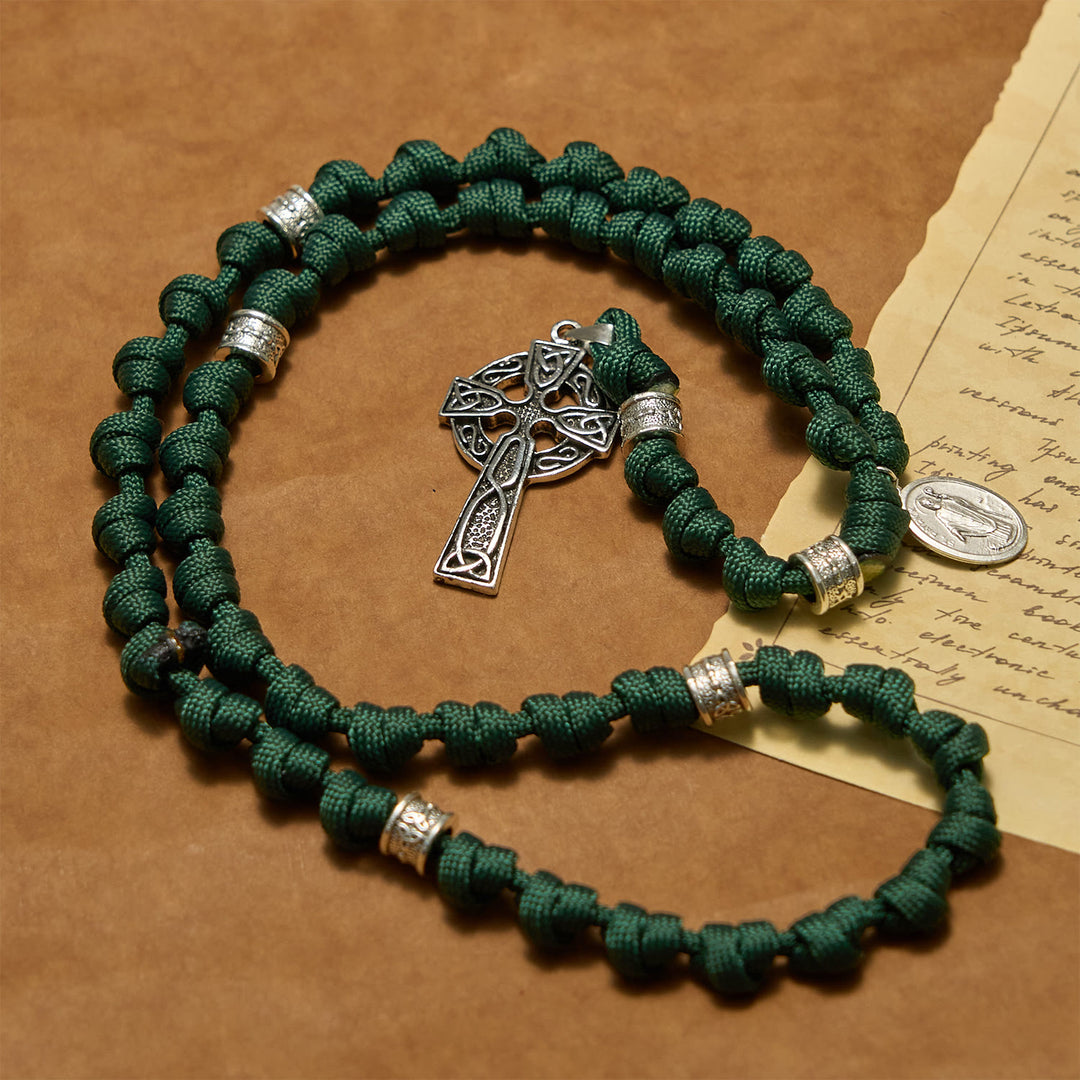 Christianartworkshop St. Patrick Medal Dark Green Celtic Style Cross Handmade Inspired Paracord Knotted Rosary - image 1