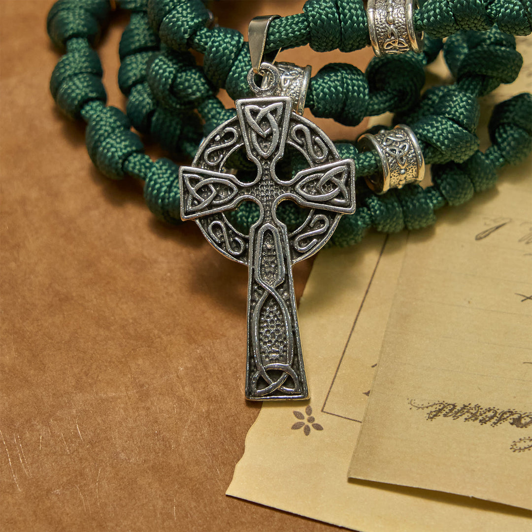 Christianartworkshop St. Patrick Medal Dark Green Celtic Style Cross Handmade Inspired Paracord Knotted Rosary - image 5