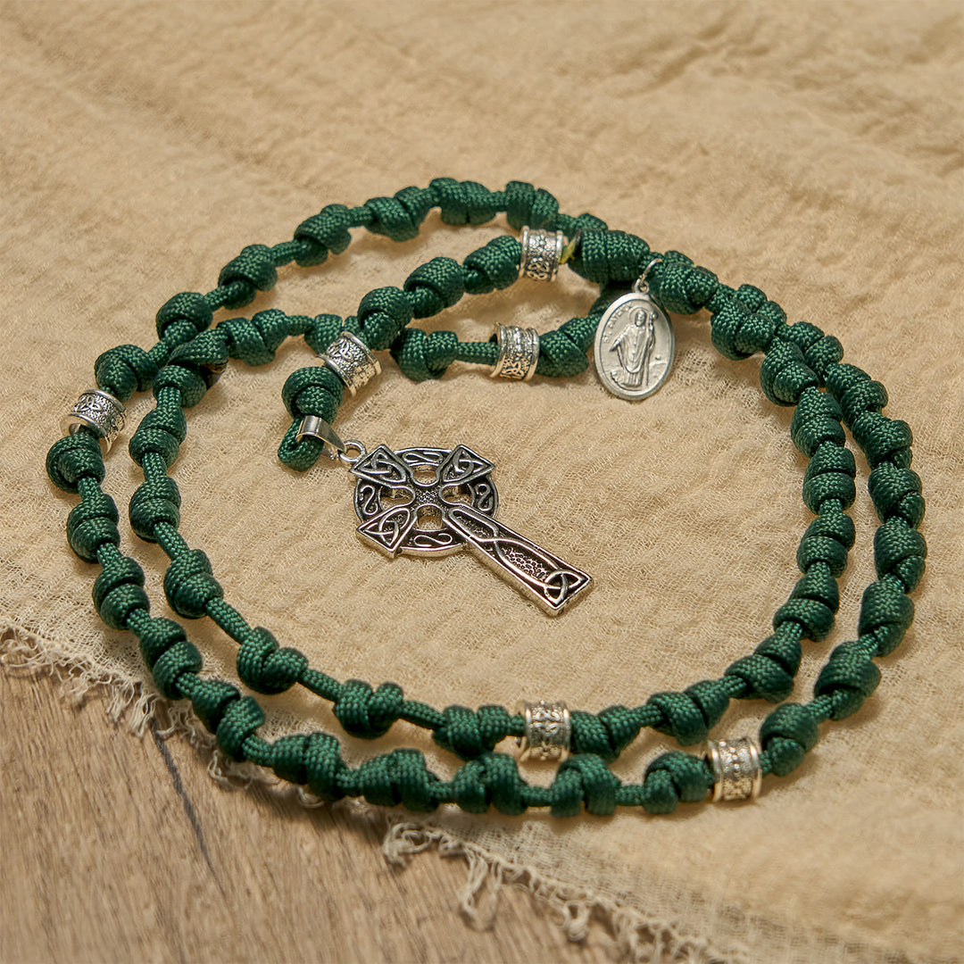 Christianartworkshop St. Patrick Medal Dark Green Celtic Style Cross Handmade Inspired Paracord Knotted Rosary - image 2