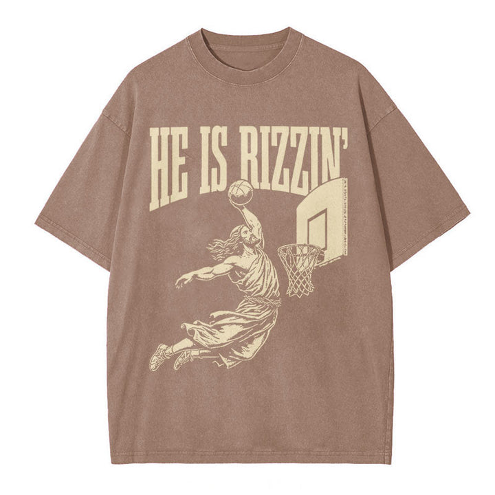 Christianartworkshop "HE IS RIZZIN" Washed T-Shirt - Brown - 5XL - image 5
