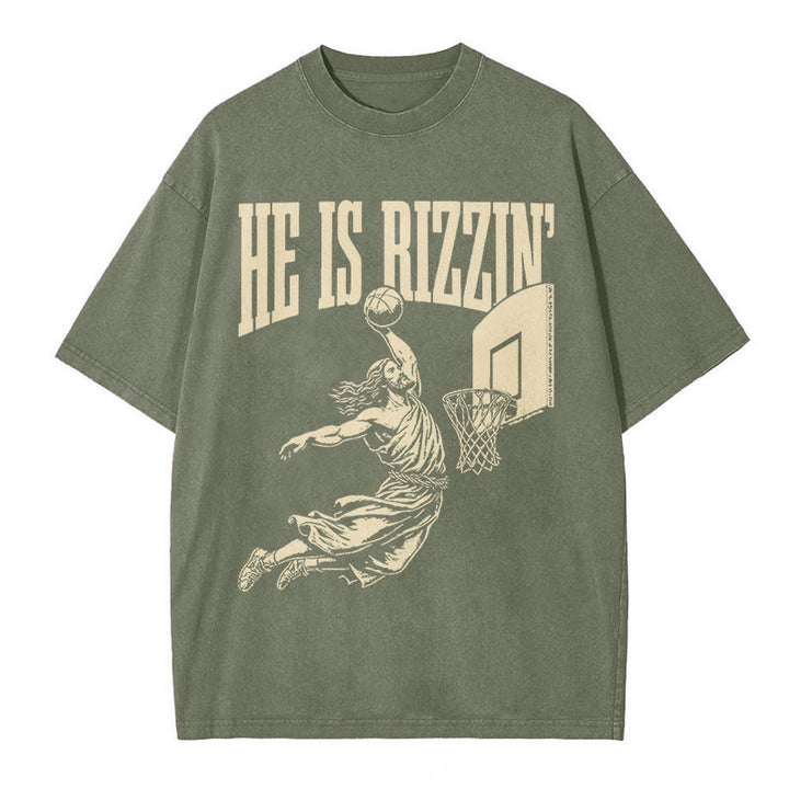 Christianartworkshop "HE IS RIZZIN" Washed T-Shirt - Army Green - 5XL - image 8