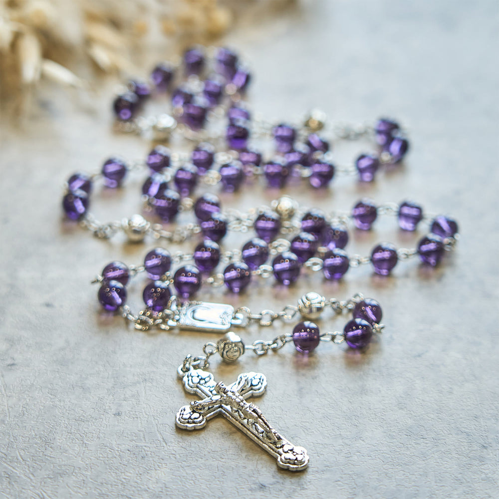Christianartworkshop Clear Purple Glass Beads Devotion Rosary with Rose Our Father Beads - image 2