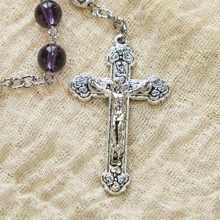 Christianartworkshop Clear Purple Glass Beads Devotion Rosary with Rose Our Father Beads - image 5