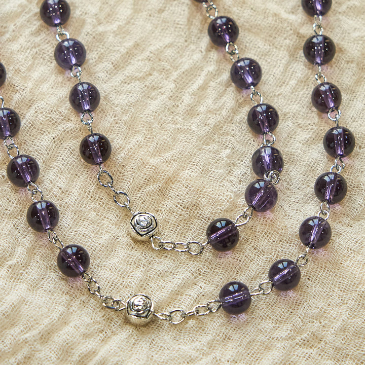 Christianartworkshop Clear Purple Glass Beads Devotion Rosary with Rose Our Father Beads - image 5