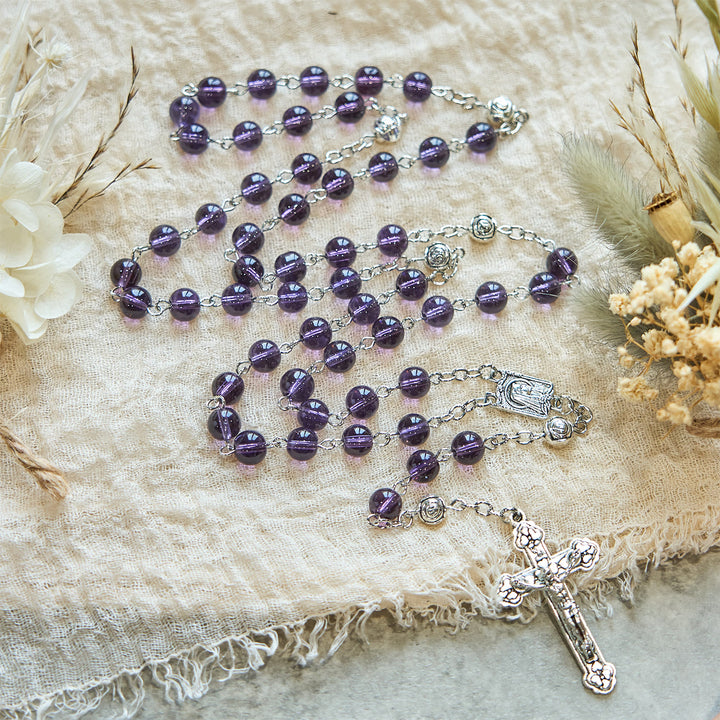 Christianartworkshop Clear Purple Glass Beads Devotion Rosary with Rose Our Father Beads - image 7