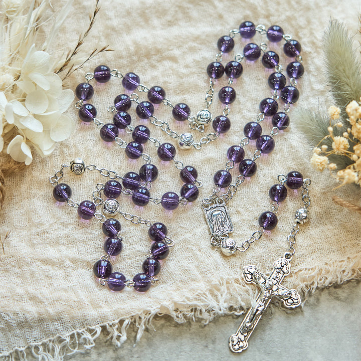 Christianartworkshop Clear Purple Glass Beads Devotion Rosary with Rose Our Father Beads - Clear Purple Beads - image 1