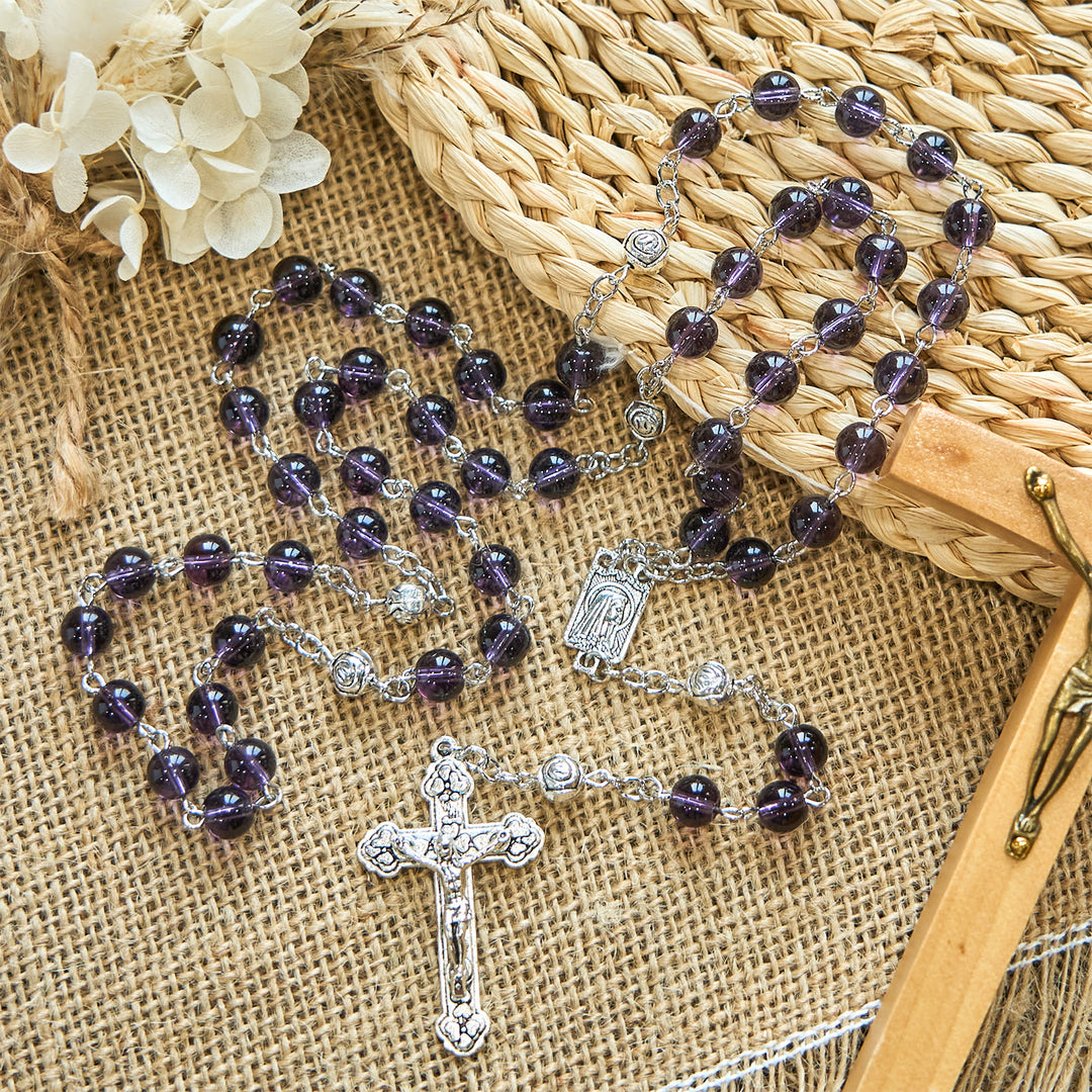 Christianartworkshop Clear Purple Glass Beads Devotion Rosary with Rose Our Father Beads - image 4