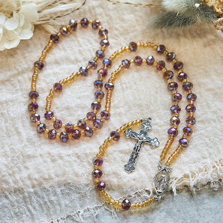 Christianartworkshop Handmade Crucifix Purple Crystal & Glass Our Lady Beads Divine Grace Rosary - image 3