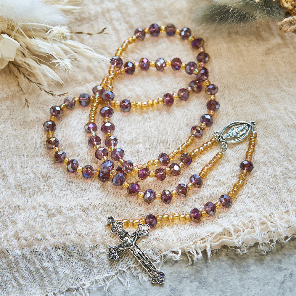 Christianartworkshop Handmade Crucifix Purple Crystal & Glass Our Lady Beads Divine Grace Rosary - image 2