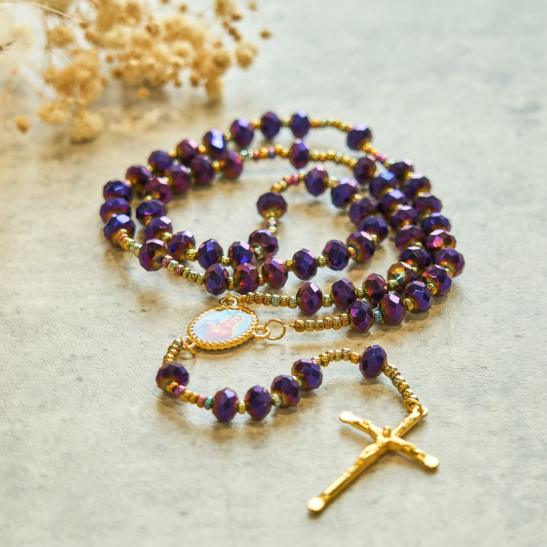 Christianartworkshop Our Lady Medal & Crucifix of 8mm Purple Glass & Crystal Beads Rosary - image 5