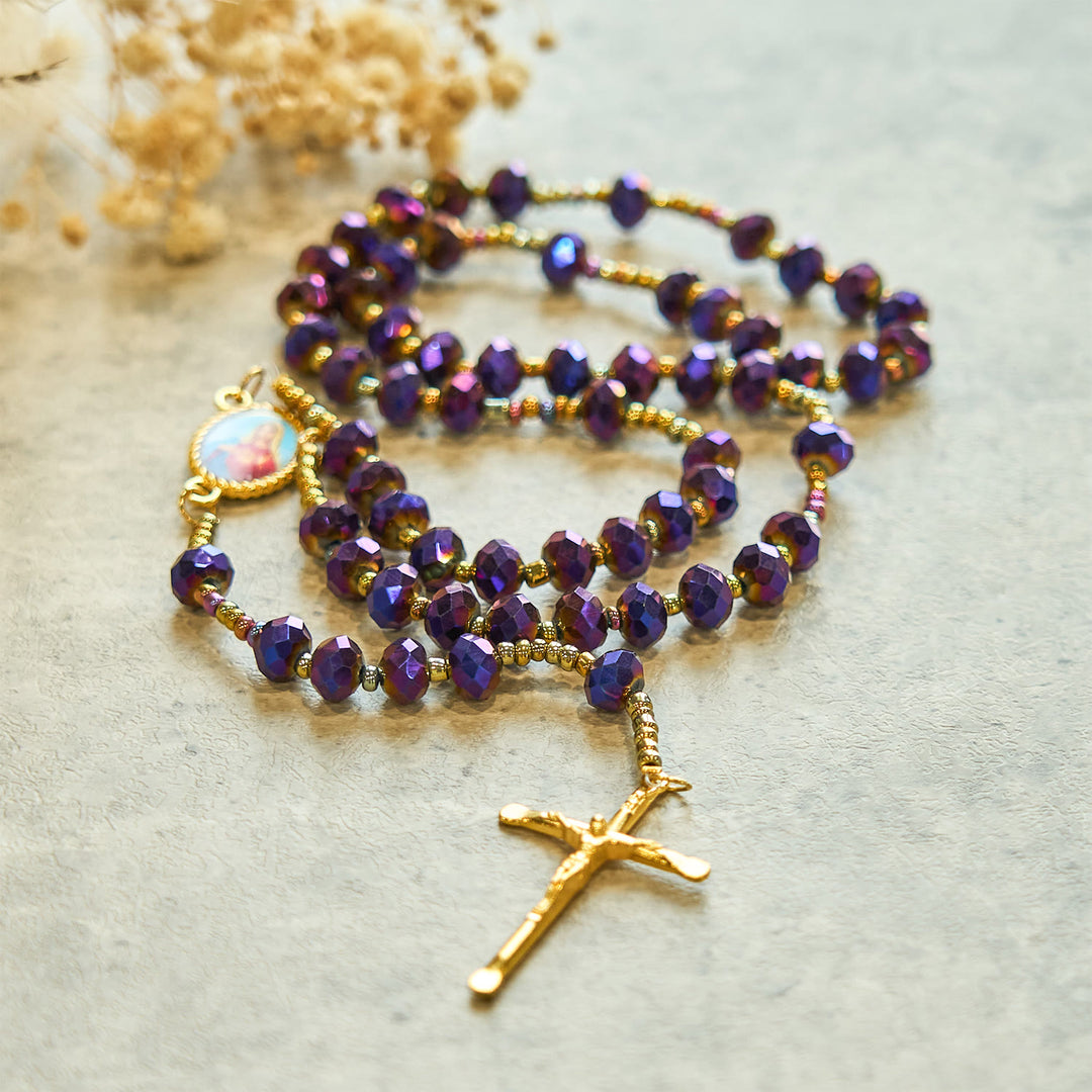 Christianartworkshop Our Lady Medal & Crucifix of 8mm Purple Glass & Crystal Beads Rosary - image 4