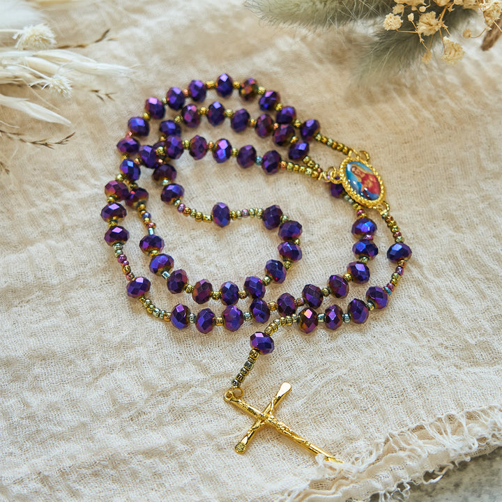 Christianartworkshop Our Lady Medal & Crucifix of 8mm Purple Glass & Crystal Beads Rosary - image 6