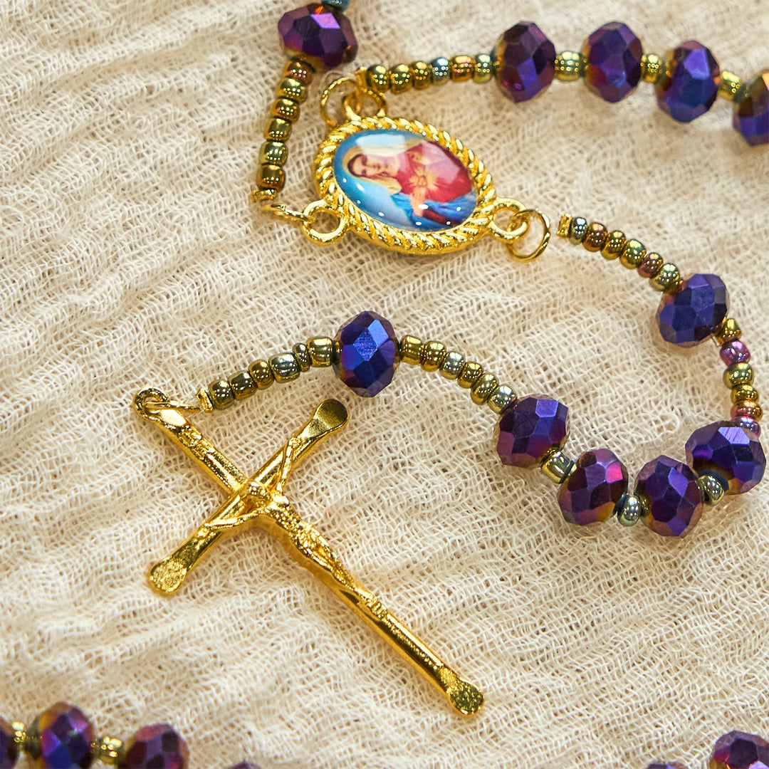 Christianartworkshop Our Lady Medal & Crucifix of 8mm Purple Glass & Crystal Beads Rosary - image 7
