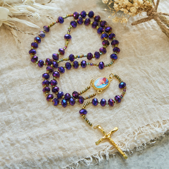Christianartworkshop Our Lady Medal & Crucifix of 8mm Purple Glass & Crystal Beads Rosary - image 8