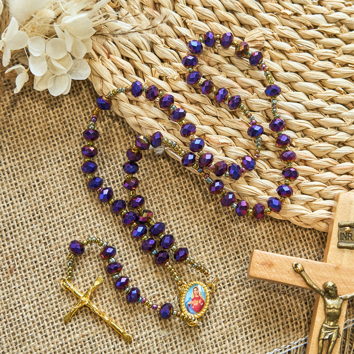 Christianartworkshop Our Lady Medal & Crucifix of 8mm Purple Glass & Crystal Beads Rosary - image 3