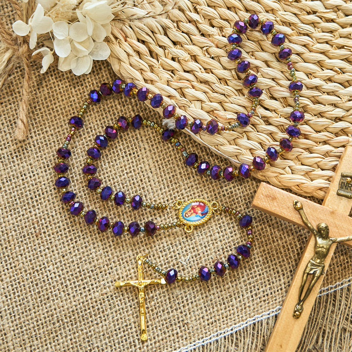 Christianartworkshop Our Lady Medal & Crucifix of 8mm Purple Glass & Crystal Beads Rosary - Our Lady - image 1