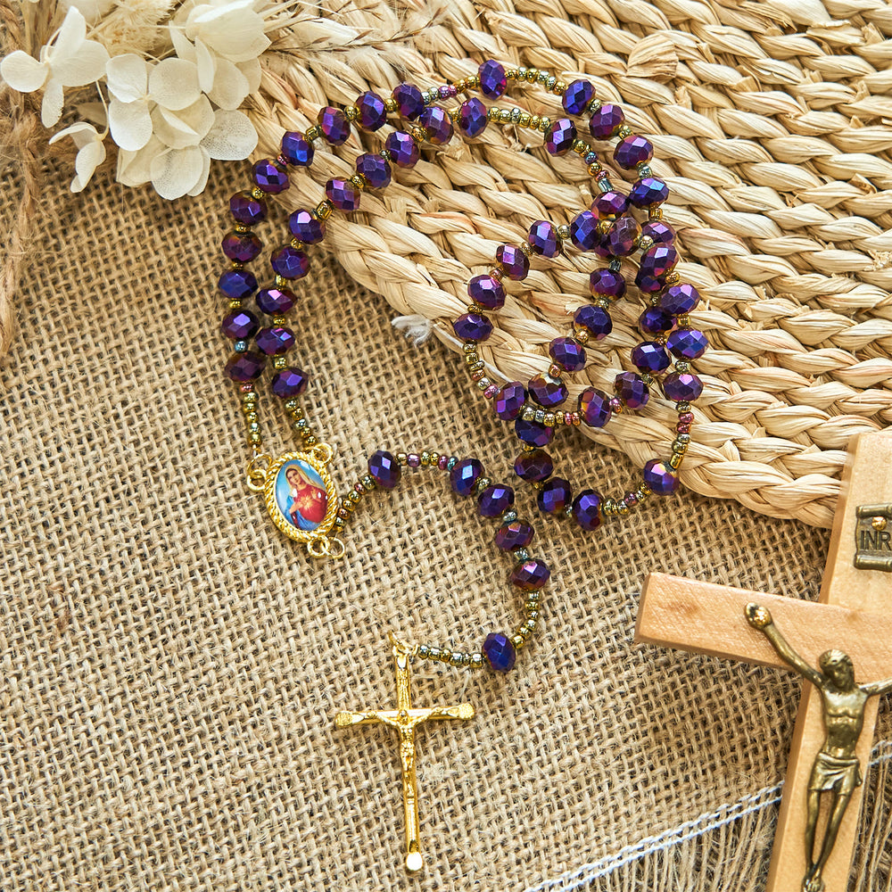 Christianartworkshop Our Lady Medal & Crucifix of 8mm Purple Glass & Crystal Beads Rosary - image 2