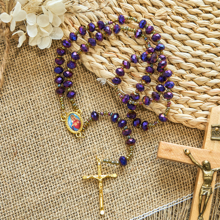 Christianartworkshop Our Lady Medal & Crucifix of 8mm Purple Glass & Crystal Beads Rosary - image 2