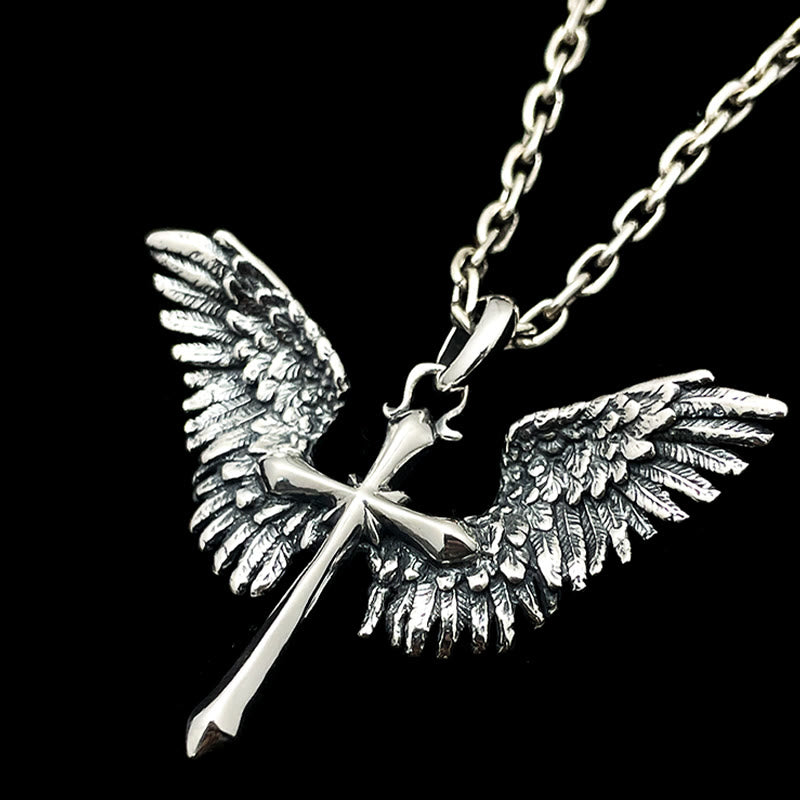Christianartworkshop 925 Sterling Silver Vintage & Classic Cross Wings Necklace: A Blend of Retro Charm and Divine Grace - 925 Sterling Silver - image 0