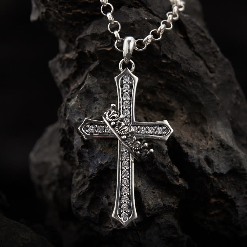 Christianartworkshop 925 Sterling Silver Cross & Crown Necklace: A Blend of Divinity and Royalty - 925 Sterling Silver - image 1