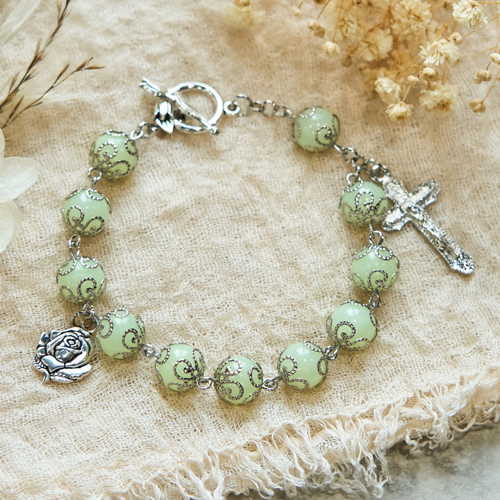 Christianartworkshop Green Beads Crucifix Rose Luminous Bracelet: Dreamy Light of Faith - image 4