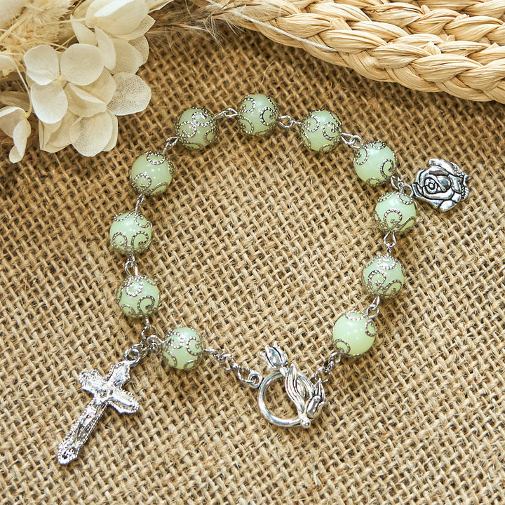 Christianartworkshop Green Beads Crucifix Rose Luminous Bracelet: Dreamy Light of Faith - image 2