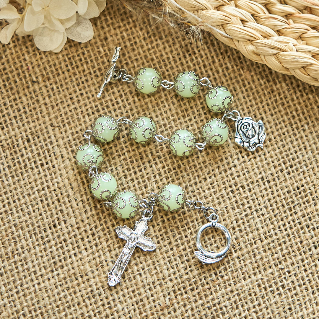 Christianartworkshop Green Beads Crucifix Rose Luminous Bracelet: Dreamy Light of Faith - image 3