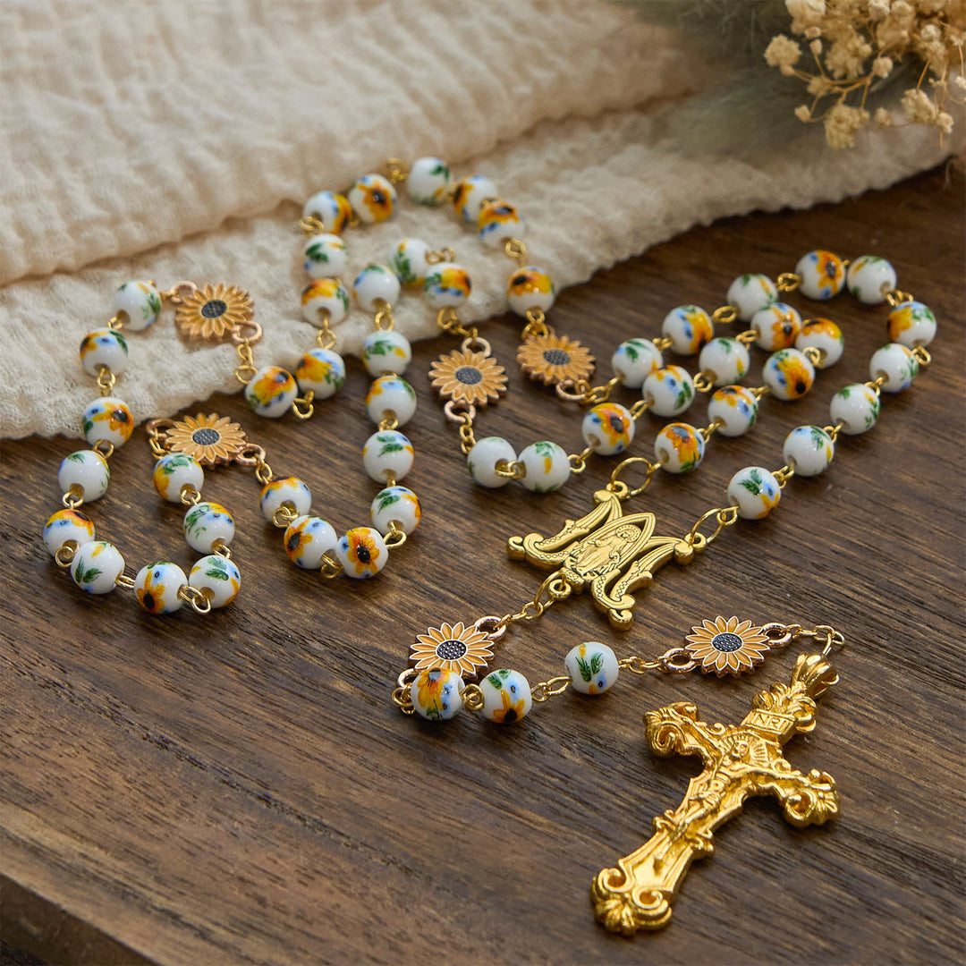 Christianartworkshop Handmade Sunflower-Inspired Rosary: A Divine Creation with Yellow Floral Beads - image 2
