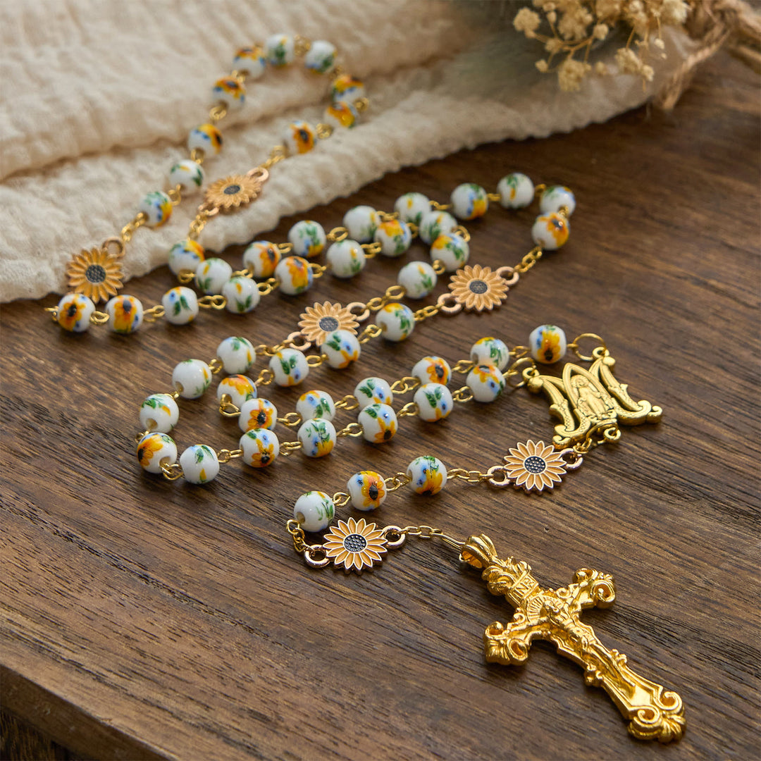 Christianartworkshop Handmade Sunflower-Inspired Rosary: A Divine Creation with Yellow Floral Beads - image 7