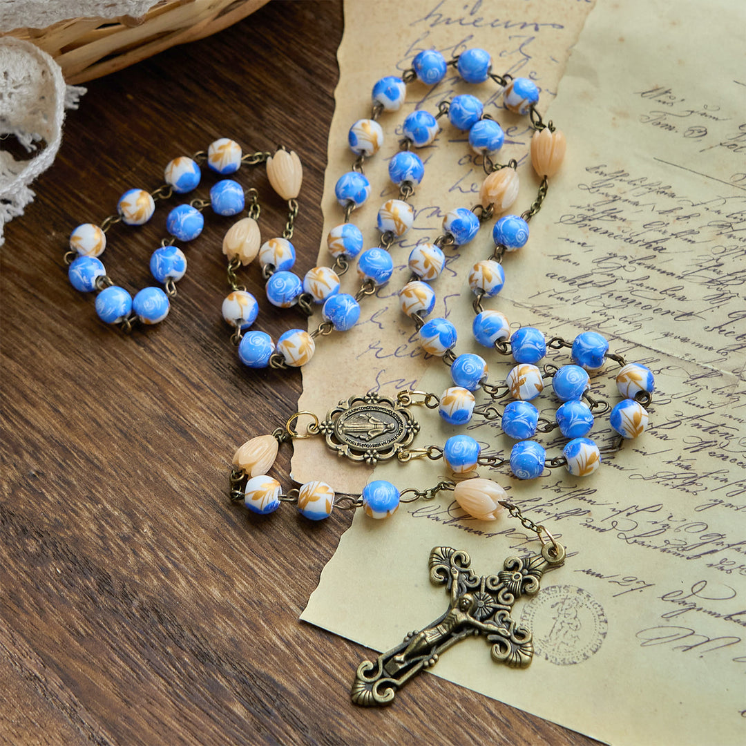 Christianartworkshop Handmade Floral Rosary with Blue Rose Beads & Lily of Valley: A Peaceful Companion - image 2