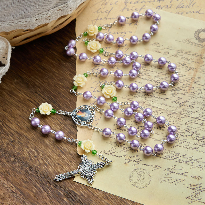 Christianartworkshop PRAYERFUL FAITH: Handmade Purple Pearl & Flower Divine Mercy Rosary with Gift Card - image 2