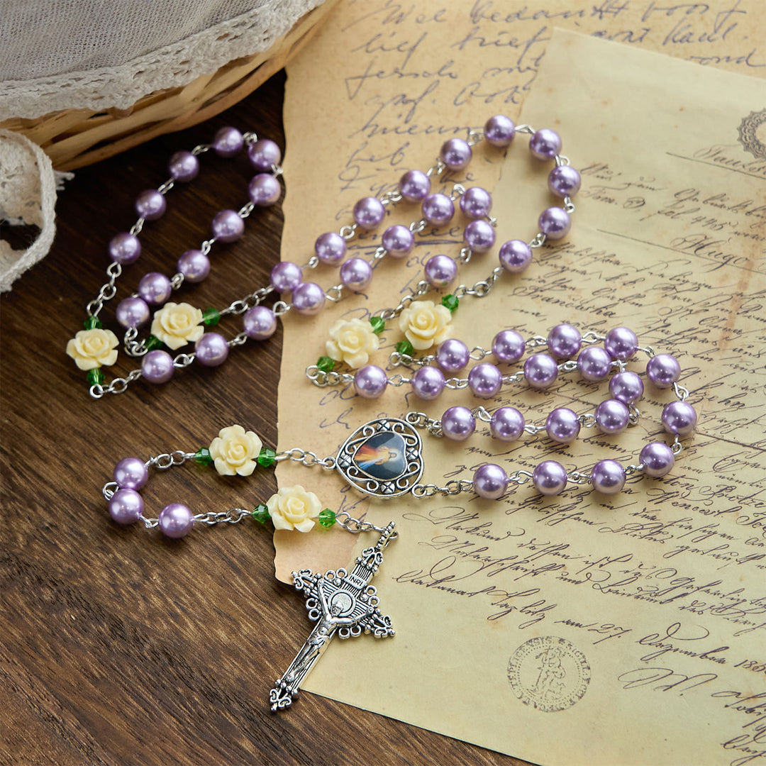 Christianartworkshop PRAYERFUL FAITH: Handmade Purple Pearl & Flower Divine Mercy Rosary with Gift Card - image 4
