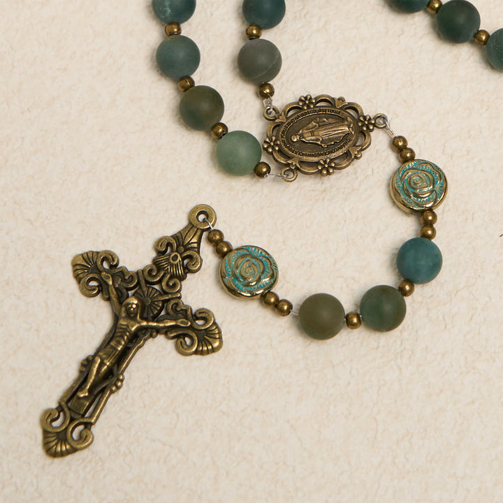 Christianartworkshop Green Agate Prayer Rosary with Bronze Rose Accents: A Sacred Journey of Healing and Faith - image 1