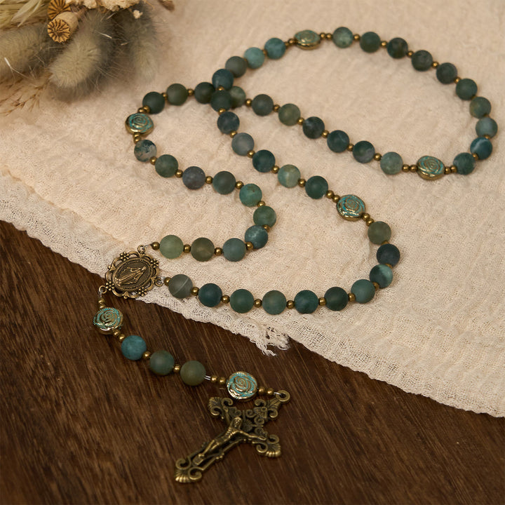 Christianartworkshop Green Agate Prayer Rosary with Bronze Rose Accents: A Sacred Journey of Healing and Faith - Green Agate Prayer Rosary - image 1