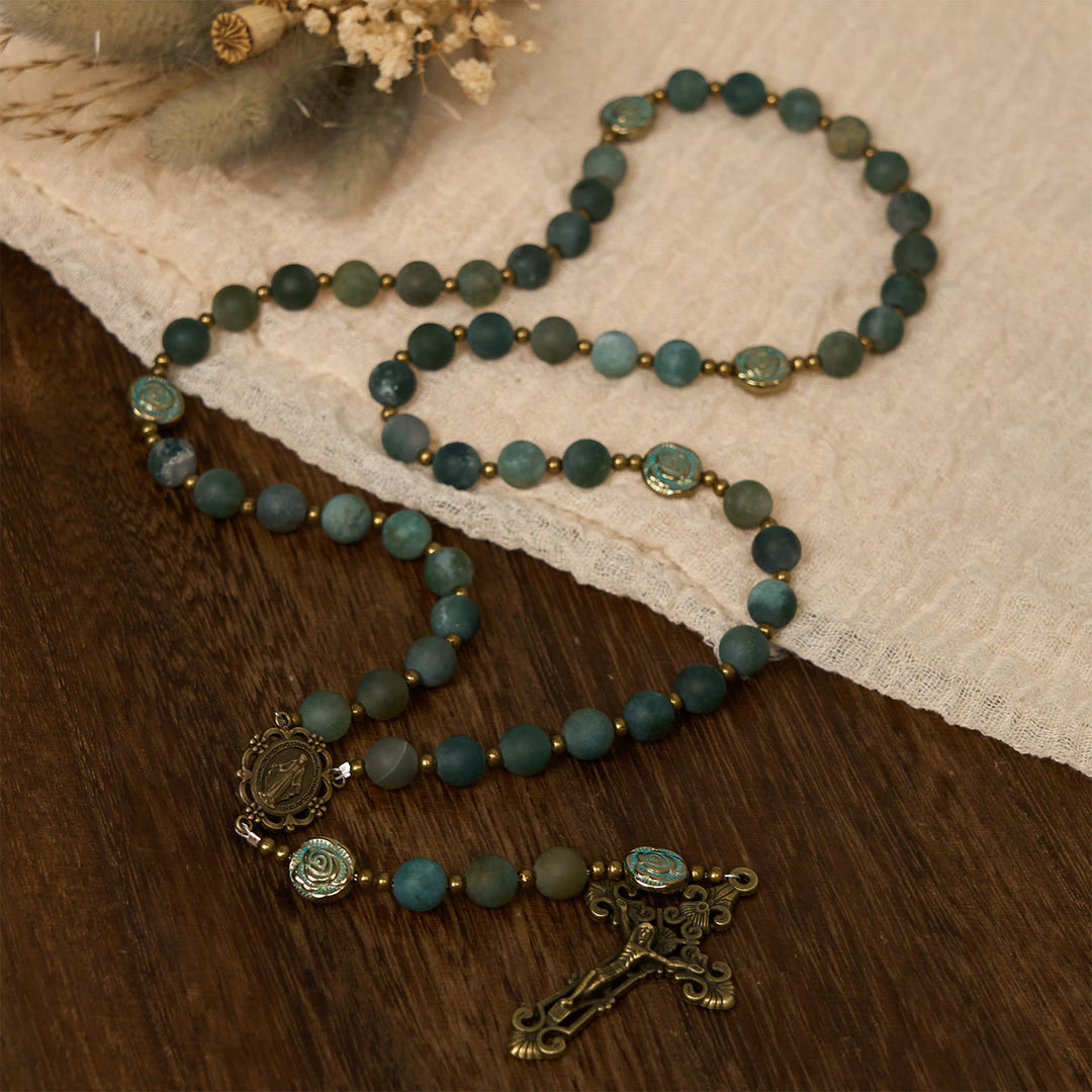 Christianartworkshop Green Agate Prayer Rosary with Bronze Rose Accents: A Sacred Journey of Healing and Faith - image 4