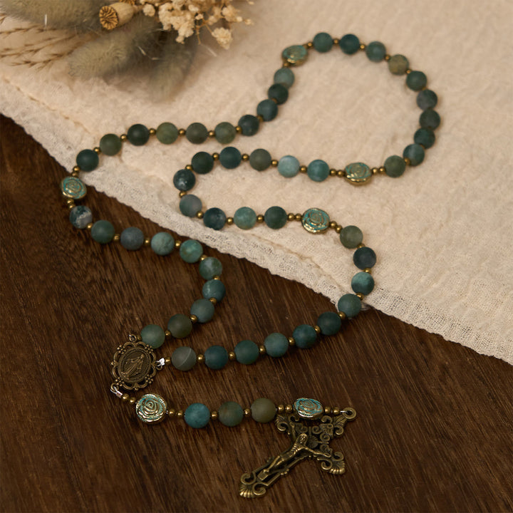 Christianartworkshop Green Agate Prayer Rosary with Bronze Rose Accents: A Sacred Journey of Healing and Faith - image 4